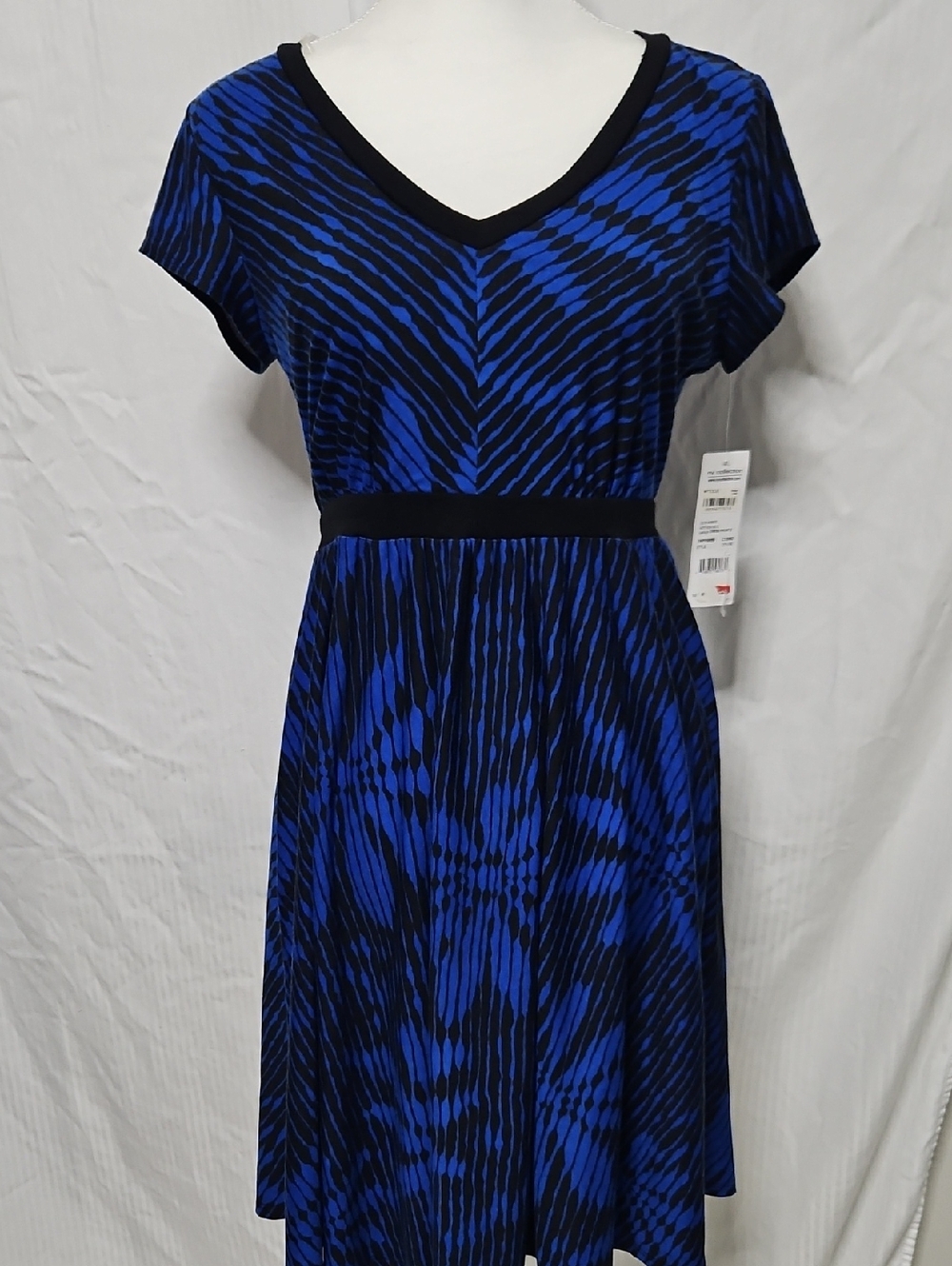 NY Collection Royal Blue and Black V-Neck A-Line Midi Dress